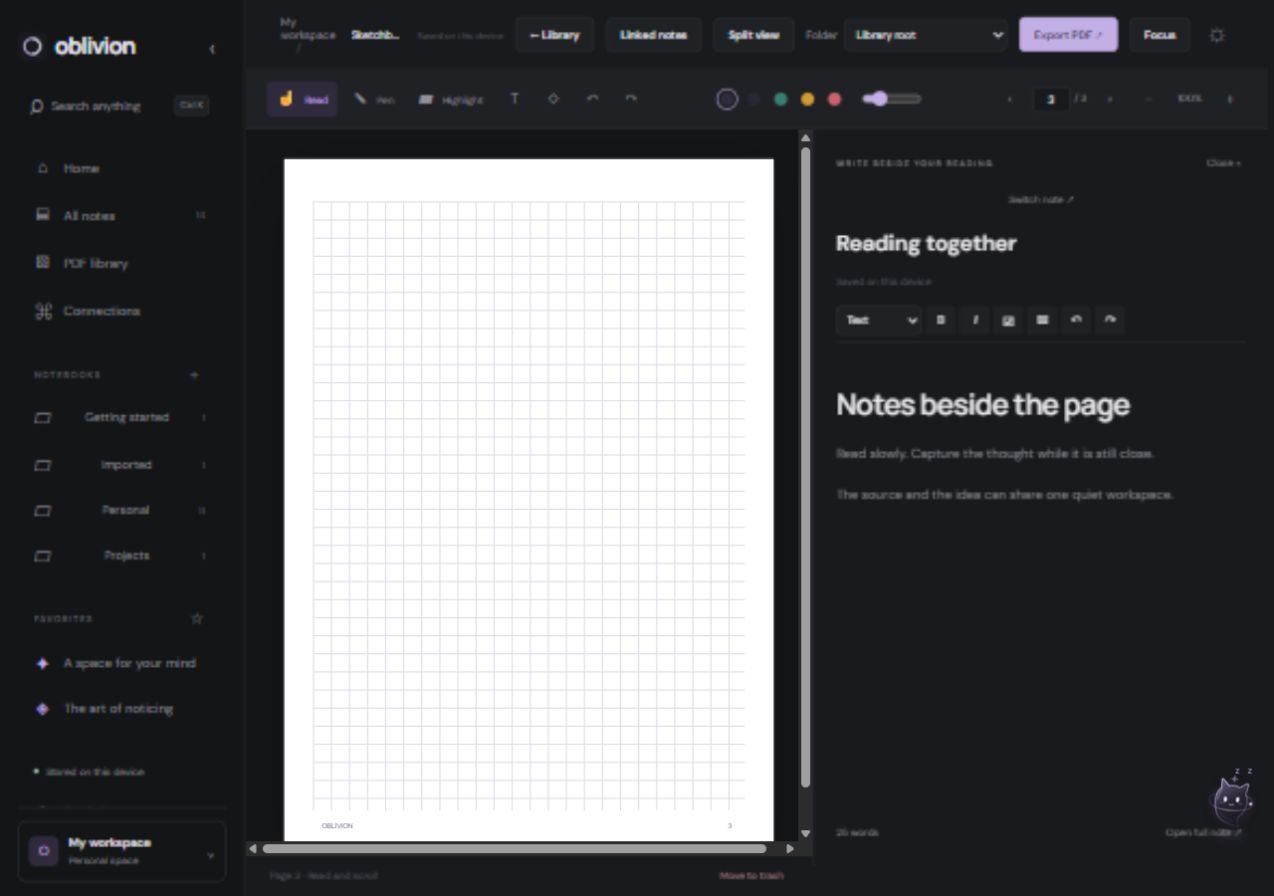 A PDF and linked note open side by side in Oblivion