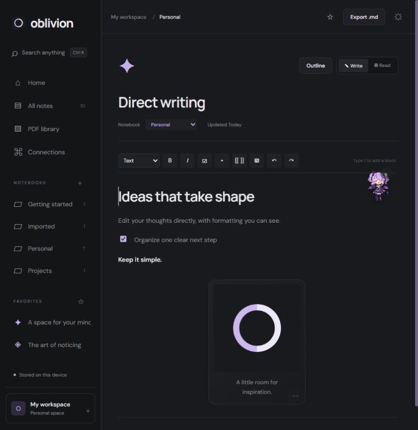 Oblivion's dark notes workspace, with notebooks on the left and a formatted note in the editor